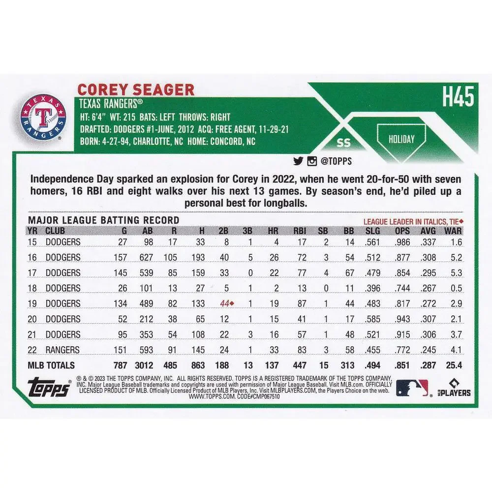 2023 Topps Holiday Corey Seager H45 Texas Rangers